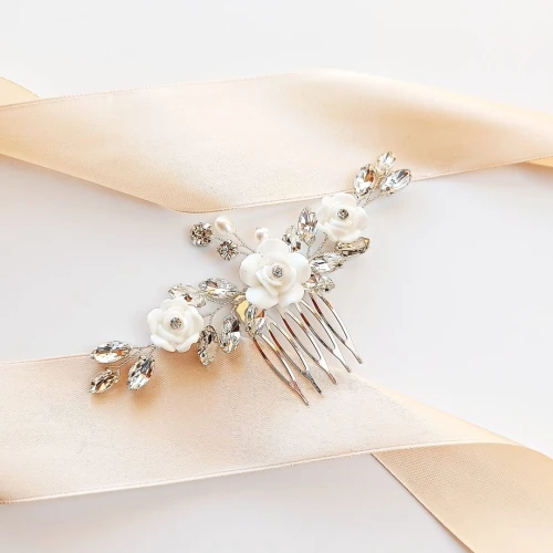 Grzebyk ślubny do włosów z kwiatami srebrny