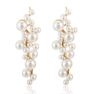 Kolczyki białe perły złote gronka eleganckie wiszące