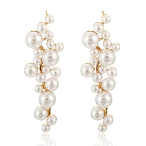 Kolczyki białe perły złote gronka eleganckie wiszące