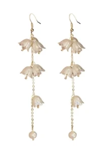 Kolczyki białe złote perłowe kwiatuszki wiszące