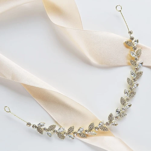 Opaska ślubna złota z listkami i cyrkoniami