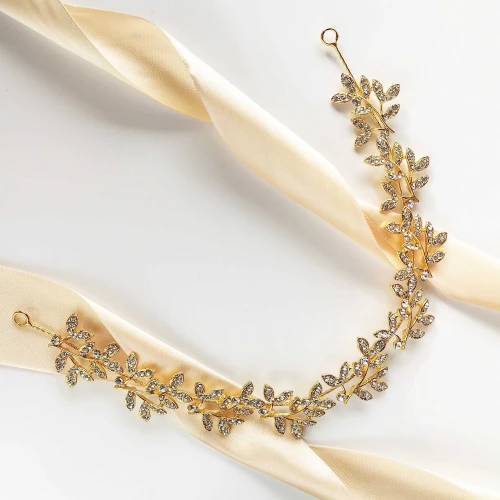 Gałązka opaska złota z listkami i cyrkoniami