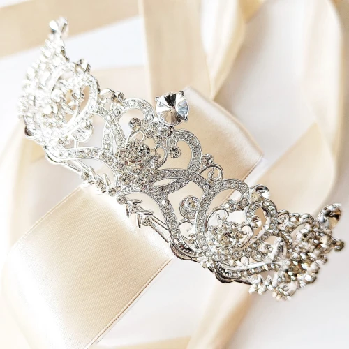 SREBRNA tiara ażurowa cyrkonie zawijasy ELEGANCKA