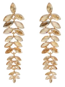 Kolczyki złote champagne listki długie z cyrkoniami w złotej oprawie