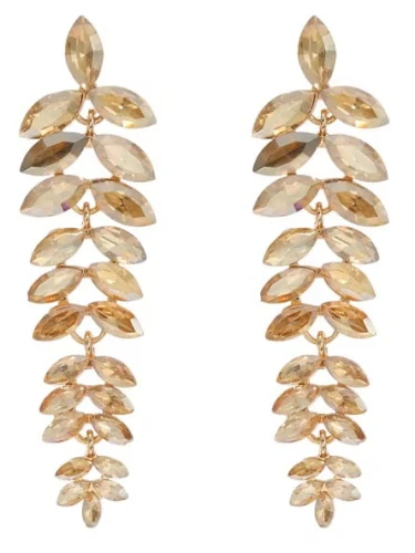 Kolczyki złote champagne listki długie z cyrkoniami w złotej oprawie