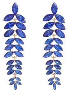 Kolczyki niebieskie listki długie z cyrkoniami w złotej oprawie