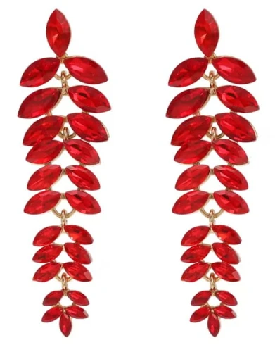 Kolczyki czerwone listki długie z cyrkoniami w złotej oprawie