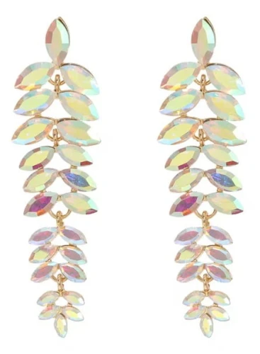 Kolczyki złote opalizujące listki długie z cyrkoniami w złotej oprawie