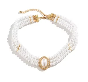 Naszyjnik choker warstwowy dzielony złoty z perłami VINTAGE