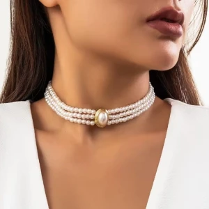 Naszyjnik choker perłowy warstwowy 3 rzędy