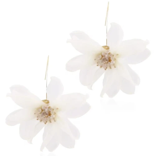 Kolczyki białe kwiaty szyfonowe długie