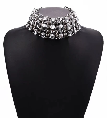 Szeroki CHOKER kolia z cyrkoniami srebrna