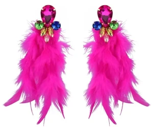 Kolczyki kolorowe różowe długie z piórami glamour