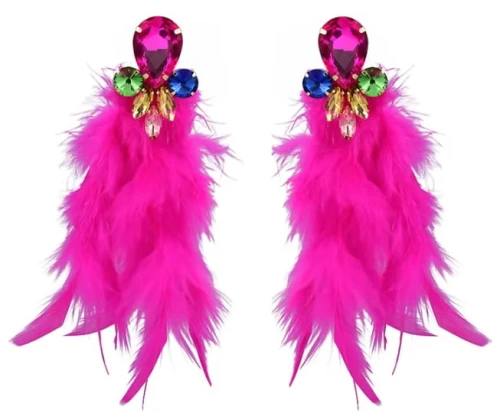 Kolczyki kolorowe różowe długie z piórami glamour
