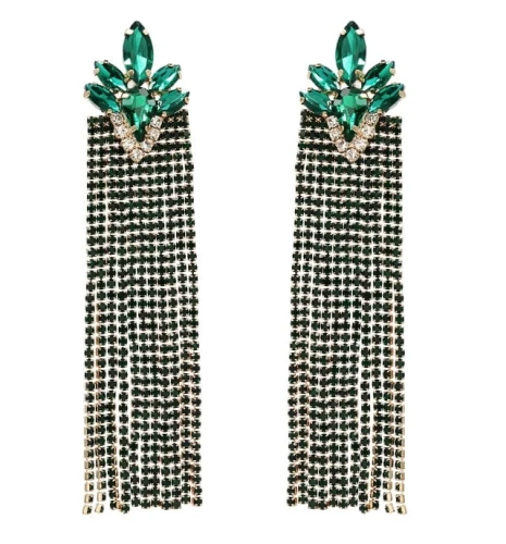 Kolczyki zielone złote nitki z cyrkoniami 2w1