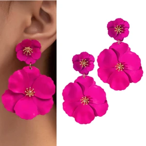 Kolczyki różowe fuksjowe podwójne kwiatki