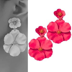 Kolczyki różowe malinowe podwójne kwiatki