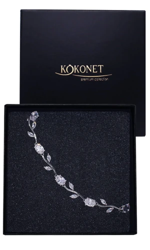 Elegancka srebrna bransoletka ślubna listki kryształki ślubna regulowana