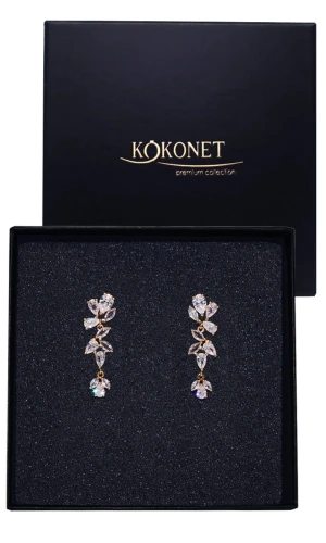 Kolczyki złote delikatne listki z cyrkoniami ślubne PREZENT pozłacane boho