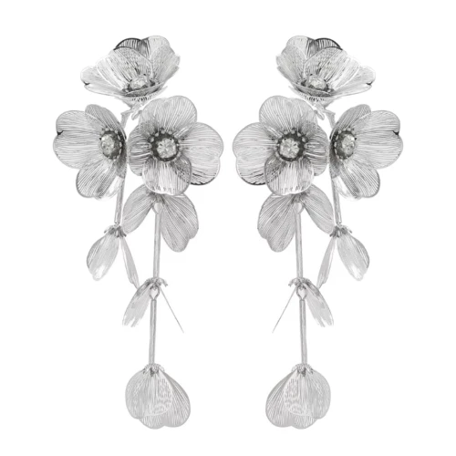 SREBRNE długie wiszące kolczyki kwiatowe metalowe lekkie okazałe XXL