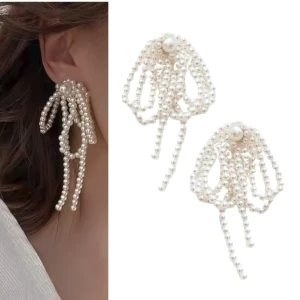 Kolczyki białe perłowe długie kokardki