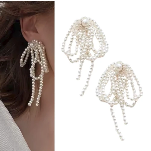 kolczyki perłowe kokardki długie BOHO old money srebrne perły DŁUGIE wiszą