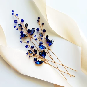 Zestaw trzech złotych ozdobnych niebieskich szpilek z cyrkoniami i kryształkami