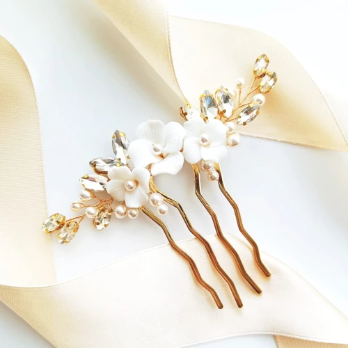 Pozłacany grzebyk z kwiatami z glinki perełkami cyrkoniami ELEGANCKI efekt