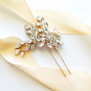 Ozdobna złota wsuwka do włosów z cyrkoniami gałązki
