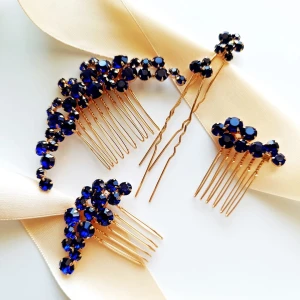 Niebieski zestaw eleganckich złotych ozdób do włosów z cyrkoniami w stylu glamour