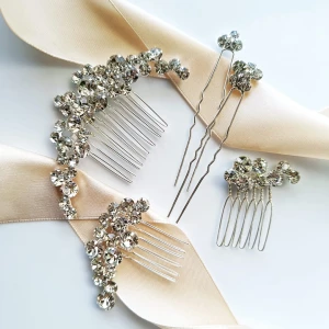 Srebrny zestaw eleganckich ozdób do włosów z cyrkoniami w stylu glamour