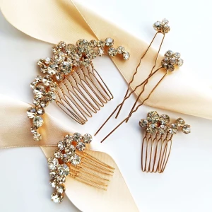 Złoty zestaw eleganckich ozdób do włosów z cyrkoniami w stylu glamour