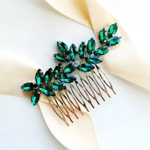 Grzebyk srebrny zielony z cyrkoniami elegancki