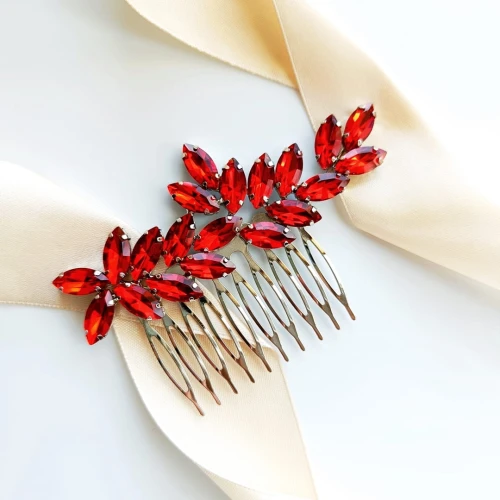 Srebrny grzebyk do włosów z czerwonymi cyrkoniami EFELTOWNA ozdoba FRYZURY