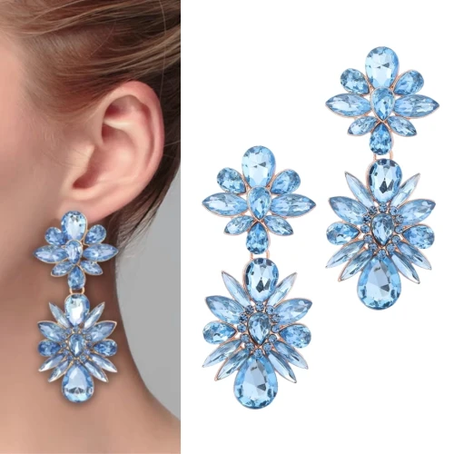 Kolczyki duże złote BABY BLUE niebieskie eleganckie cyrkonie z kryształami