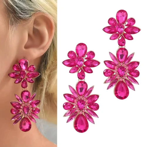 Kolczyki efektowne duże FUKSJA malinowe z aplikacjami cyrkoniami rozety
