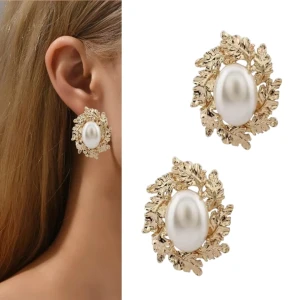 Kolczyki białe perły złote listki OLD MONEY