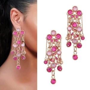 Kolczyki różowe złote z łańcuszkami i okrągłymi cyrkoniami