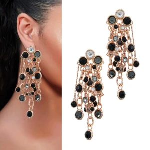 Kolczyki czarne złote z łańcuszkami i okrągłymi cyrkoniami