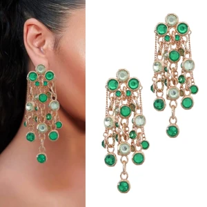 Kolczyki zielone złote z łańcuszkami i okrągłymi cyrkoniami