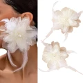 Duże śmietankowe kolczyki kwiaty organza pióra eleganckie kostiumowe 3D