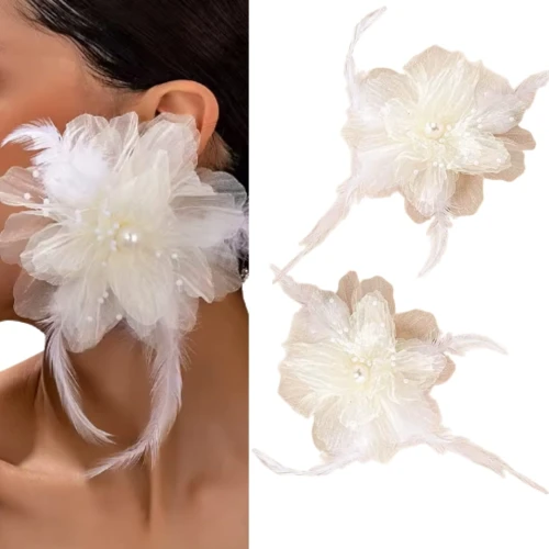 Duże śmietankowe kolczyki kwiaty organza pióra eleganckie kostiumowe 3D