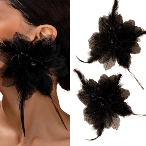 Kolczyki czarne sceniczne duże kwiaty z piórami
