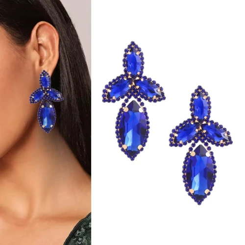 Złote kolczyki niebieskie duże sztyft damskie piękne eleganckie blask