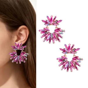 Kolczyki różowe fuksja wiszące opalizujące rozety