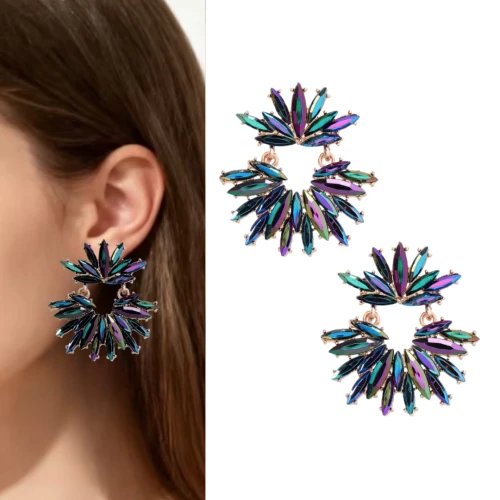 Złote CIEMNE kolczyki rozety wiszące nowoczesne wieczorowe eleganckie