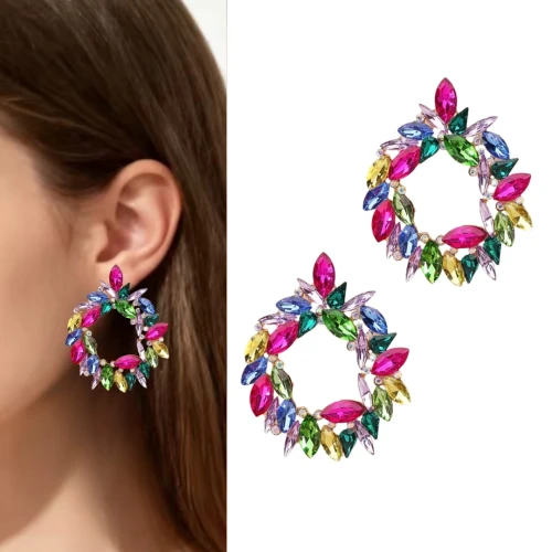 Złote kolczyki 5cm kolorowe listki cyrkonie błysk kryształki eleganckie