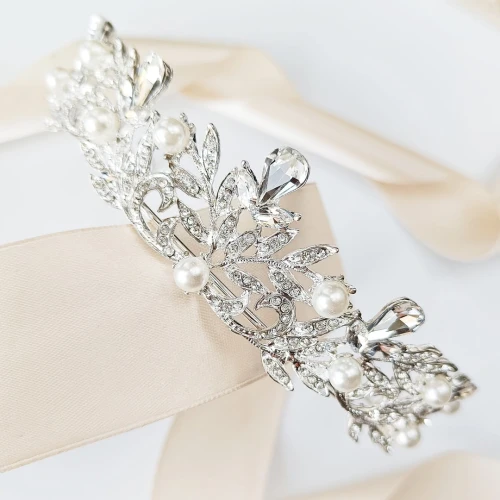 DIADEM tiara korona srebrna ŚLUBNA błyszcząca z perłami cyrkoniami