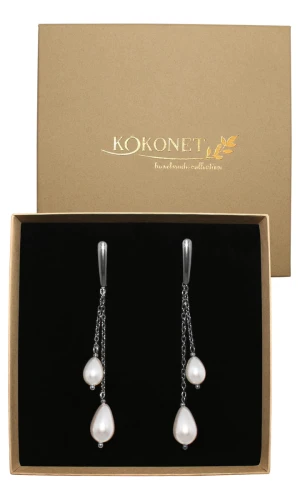 Srebrne długie kolczyki łańcuszki perły krople WISZĄCE ślubne ozdobne