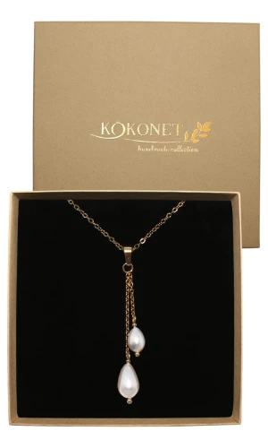 Naszyjnik krawatka złoty z perłami elegancki krople boho ŚLUBNY pudełko